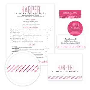 May include: A pink and white resume template with a pink and white striped border. The resume is for Harper Paisley Williams. The resume includes contact information, education, awards and honors, activities, and a list of skills. The resume also includes a pink and white striped border.
