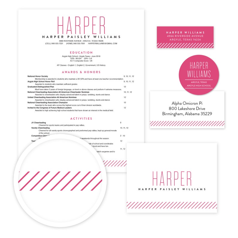 May include: A pink and white resume template with a pink and white striped border. The resume is for Harper Paisley Williams. The resume includes contact information, education, awards and honors, activities, and a list of skills. The resume also includes a pink and white striped border.