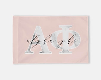 Alpha Phi Horizontal Greek Letter Flag / Blush & Marble / Horizontal Flag / Wall Hanging / Sorority Flag / A Phi Flag / Greek Flag /