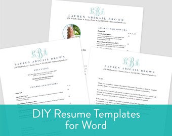May include: A teal blue and white monogram with the initials "LBA" for Lauren Abigail Brown. The monogram is on a white background with the text "Lauren Abigail Brown" and contact information below. The text "DIY Resume Templates for Word" is in a teal blue box at the bottom of the image.