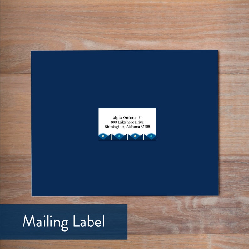 May include: A blue mailing label with a white rectangle containing the text "Alpha Omicron Pi 800 Lakeshore Drive Birmingham, Alabama 35229". The rectangle is bordered by a row of blue and teal semi-circles.