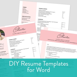May include: A pink and white resume template for Microsoft Word with a photo of a woman and the text "DIY Resume Templates for Word".