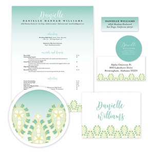 May include: A teal and white resume with a decorative border. The resume includes the name Danielle Williams, contact information, education, awards and honors, activities, and a personal statement. The resume is designed with a decorative border of teal and white paisley patterns.