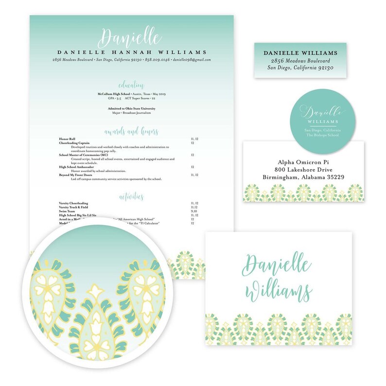 May include: A teal and white resume with a decorative border. The resume includes the name Danielle Williams, contact information, education, awards and honors, activities, and a personal statement. The resume is designed with a decorative border of teal and white paisley patterns.