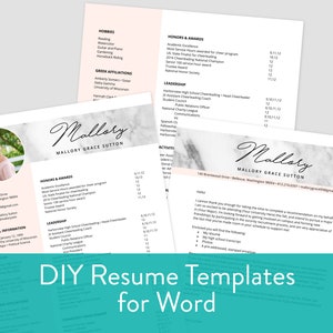 May include: A DIY resume template for Microsoft Word. The template features a marble background with a pink and white colour scheme. The text "DIY Resume Templates for Word" is displayed in a large, bold font.
