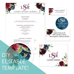 K&ouml;nnte beinhalten: Eine DIY-bearbeitbare Vorlage f&uuml;r einen Lebenslauf, eine Visitenkarte und einen runden Aufkleber. Das Design zeigt ein Aquarell-Blumenmuster in den Farben Burgunderrot, T&uuml;rkis und Wei&szlig;. Der Text "LSR" wird in einer Schreibschrift mit burgunderrotem Hintergrund angezeigt. Der Text "LAUREL RACHEL SOMERS" ist ebenfalls enthalten.