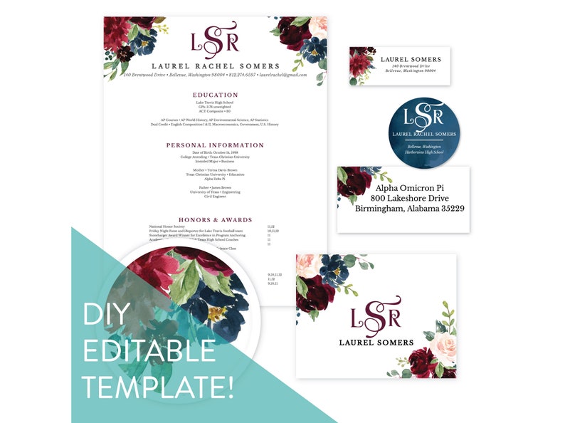 K&ouml;nnte beinhalten: Eine DIY-bearbeitbare Vorlage f&uuml;r einen Lebenslauf, eine Visitenkarte und einen runden Aufkleber. Das Design zeigt ein Aquarell-Blumenmuster in den Farben Burgunderrot, T&uuml;rkis und Wei&szlig;. Der Text "LSR" wird in einer Schreibschrift mit burgunderrotem Hintergrund angezeigt. Der Text "LAUREL RACHEL SOMERS" ist ebenfalls enthalten.