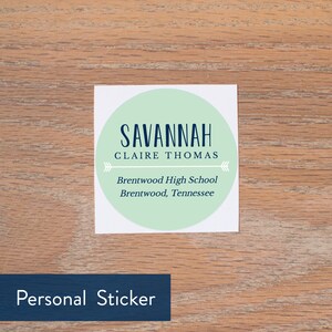 May include: A square sticker featuring a light green circle with the name "SAVANNAH" in navy blue, and "CLAIRE THOMAS" below. Arrows and the text "Brentwood High School Brentwood, Tennessee" are also present.