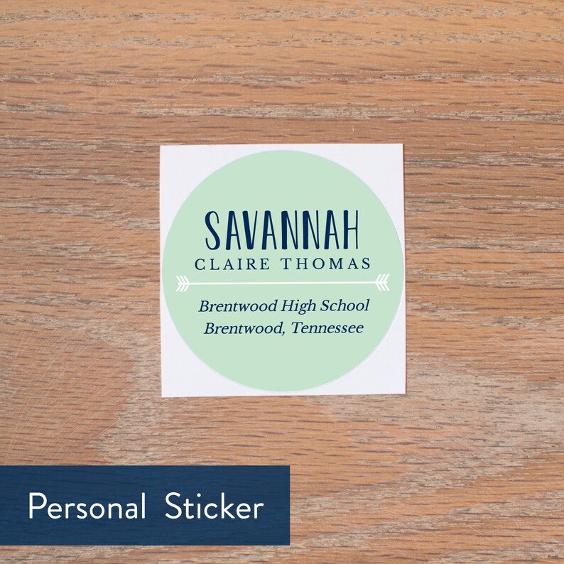 May include: A square sticker featuring a light green circle with the name "SAVANNAH" in navy blue, and "CLAIRE THOMAS" below. Arrows and the text "Brentwood High School Brentwood, Tennessee" are also present.