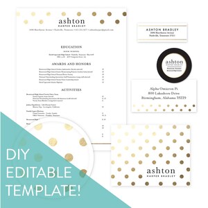 May include: A printable DIY template for a resume, business card, and table place card. The design features a white background with gold polka dots. The text on the template reads "ashton HARPER BRADLEY".
