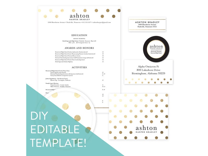 May include: A printable DIY template for a resume, business card, and table place card. The design features a white background with gold polka dots. The text on the template reads "ashton HARPER BRADLEY".