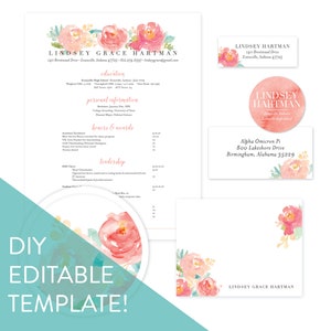 Könnte beinhalten: Eine anpassbare Vorlage für einen Lebenslauf, eine Visitenkarte und einen Umschlag. Das Design zeigt ein Aquarell-Blumenmuster mit rosa und gelben Blumen. Der Text auf dem Lebenslauf lautet "Lindsey Grace Hartman" und enthält Informationen über Ausbildung, persönliche Daten, Auszeichnungen und Ehrungen sowie Führungsqualitäten. Die Visitenkarte lautet "Lindsey Hartman" und enthält die Adresse "140 Brentwood Drive, Evansville, Indiana 47725". Der Umschlag lautet "Lindsey Grace Hartman".