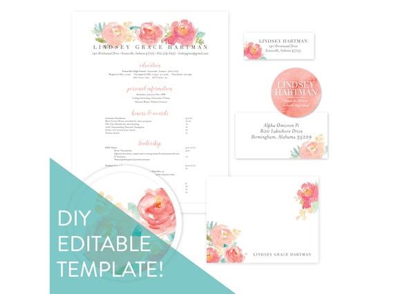 Editable Sorority Packet Template Peony Garden Social Resume Floral Stationery Sorority Recruitment Packet Cute Stationery