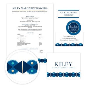 May include: A resume for Kiley Margaret Bowers, featuring a blue and gold geometric pattern. The resume includes her education, personal information, activities, honours and achievements, and contact information. The resume is printed on white paper.