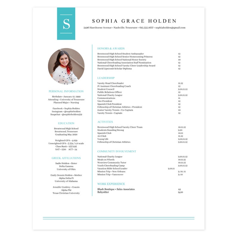 Editable Microsoft Word Sorority Resume Template / Cover Letter Template / Chic Initial Tiffany / Sorority Recruitment / Social Resume image 2
