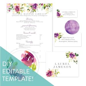 Könnte beinhalten: Eine druckbare Lebenslaufvorlage mit einem floralen Design in Violett-, Rosa- und Grüntönen. Die Vorlage enthält Abschnitte für Ausbildung, persönliche Informationen, Auszeichnungen und Ehrungen sowie Führungsqualitäten. Der Text "LAUREL HANNAH JAMESON" befindet sich oben auf der Seite.