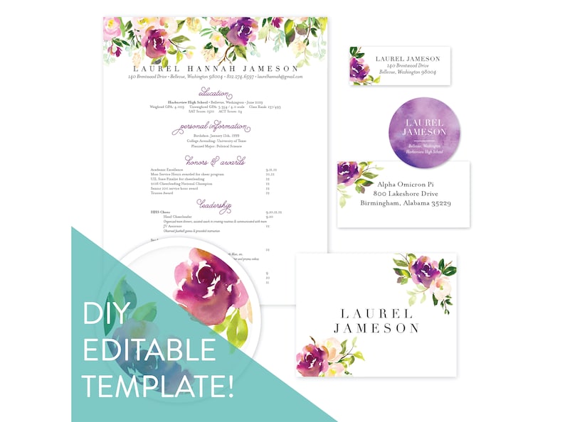 May include: A printable resume template with a floral design in shades of purple, pink, and green. The template includes sections for education, personal information, honors and awards, and leadership. The text "LAUREL HANNAH JAMESON" is at the top of the page.