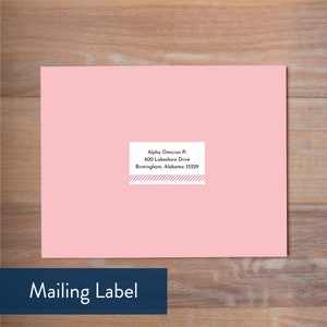 May include: A pink mailing label with a white border and purple stripes. The text on the label reads "Alpha Omicron Pi, 800 Lakeshore Drive, Birmingham, Alabama 35229".