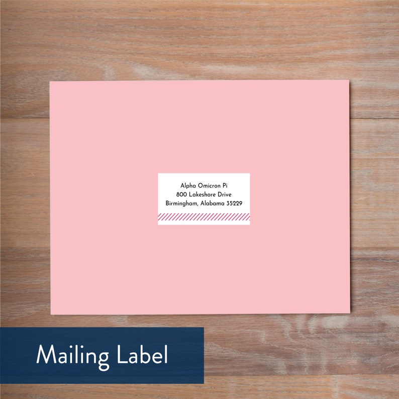 May include: A pink mailing label with a white border and purple stripes. The text on the label reads "Alpha Omicron Pi, 800 Lakeshore Drive, Birmingham, Alabama 35229".