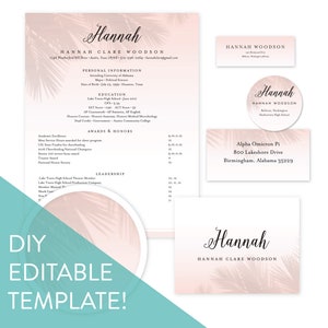 May include: A printable template for a CV, business card, and table place card. The design features a pink and white background with palm leaf silhouettes. The text on the template reads "Hannah Clare Woodson".