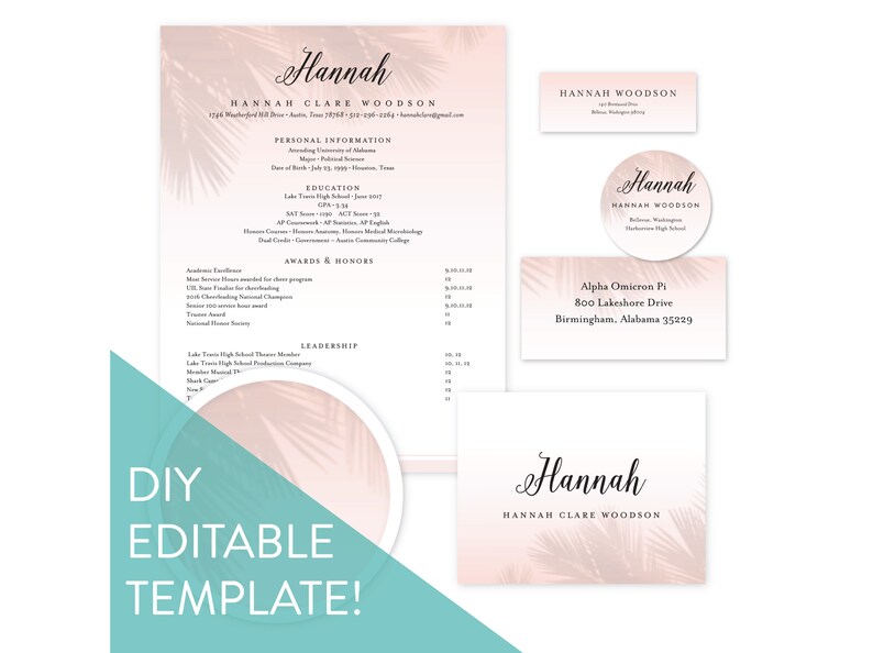 May include: A printable template for a CV, business card, and table place card. The design features a pink and white background with palm leaf silhouettes. The text on the template reads "Hannah Clare Woodson".