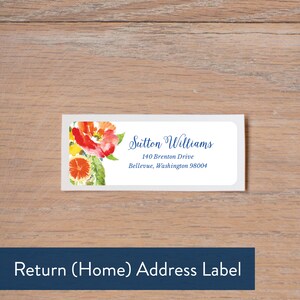 May include: A white return address label with a floral design featuring red, orange, and yellow flowers. The text on the label reads "Sutton Williams, 140 Brenton Drive, Bellevue, Washington 98004".