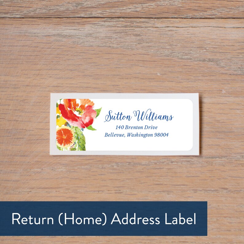 May include: A white return address label with a floral design featuring red, orange, and yellow flowers. The text on the label reads "Sutton Williams, 140 Brenton Drive, Bellevue, Washington 98004".