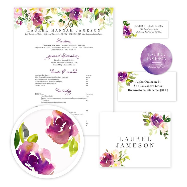 May include: A resume template with a watercolor floral design in shades of purple and pink. The resume includes contact information, education, personal information, honors and awards, and leadership experience. The text on the resume includes the name Laurel Hannah Jameson, her email address, and her phone number.