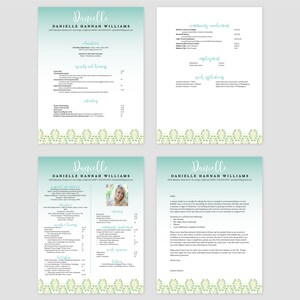 May include: A four-page resume with a teal and white background. The resume is for Danielle Hannah Williams. The resume includes information about her education, awards and honors, activities, community involvement, employment, greek affiliations, and a letter of recommendation.