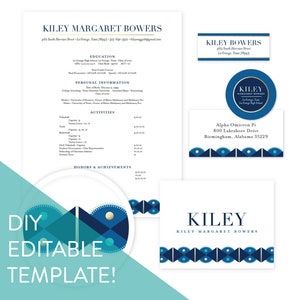 May include: A DIY editable template for a CV, business card, and letterhead. The template features a blue and gold geometric design with a circle logo that says "Kiley Margaret Bowers".