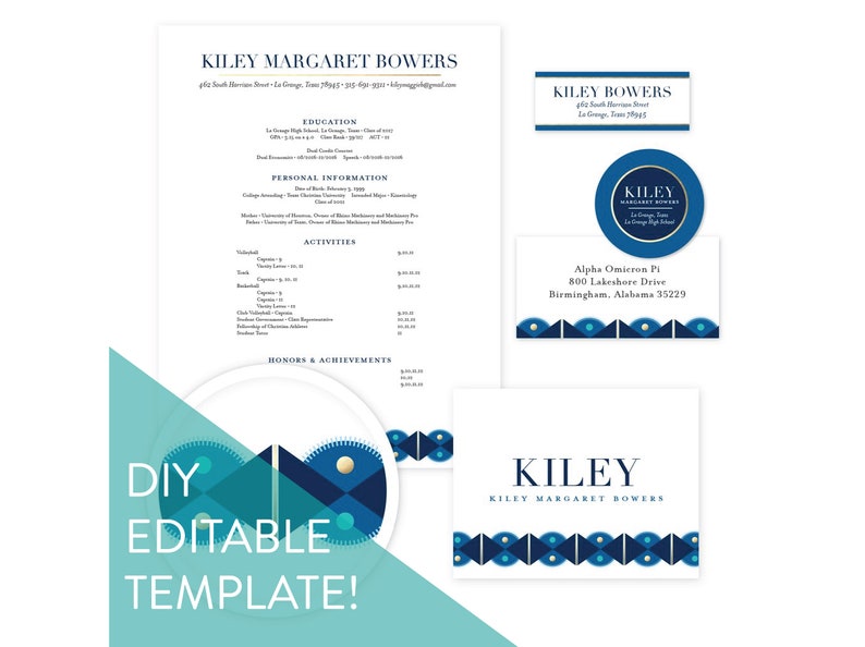May include: A DIY editable template for a CV, business card, and letterhead. The template features a blue and gold geometric design with a circle logo that says "Kiley Margaret Bowers".