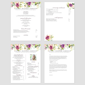 May include: A resume template with a floral design. The resume includes sections for education, personal information, honors and awards, activities, community involvement, work experience, leadership, and hobbies. The resume is for Laurel Hannah Jameson.