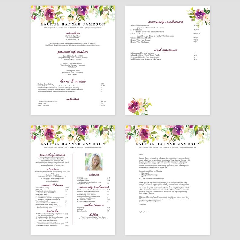 May include: A resume template with a floral design. The resume includes sections for education, personal information, honors and awards, activities, community involvement, work experience, leadership, and hobbies. The resume is for Laurel Hannah Jameson.