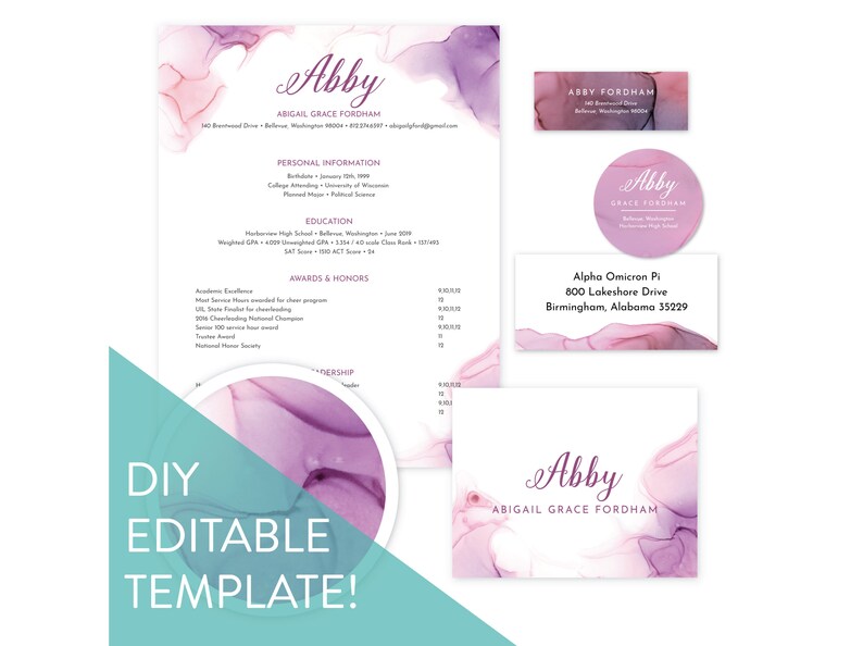 Puede incluir: Una plantilla de curr&iacute;culum personalizable con un fondo de acuarela rosa y morado. La plantilla incluye secciones para informaci&oacute;n personal, educaci&oacute;n, premios y honores, y liderazgo. El texto "DIY EDITABLE TEMPLATE!" se muestra en un cuadro turquesa.