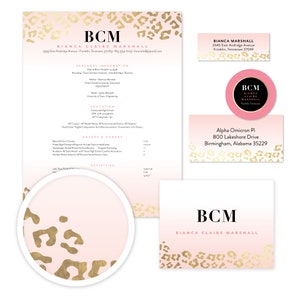 May include: A pink and gold resume template with a leopard print design. The resume includes the name Bianca Claire Marshall, contact information, education, awards and honors, and activities. The template also includes a business card with the name Bianca Marshall and contact information.