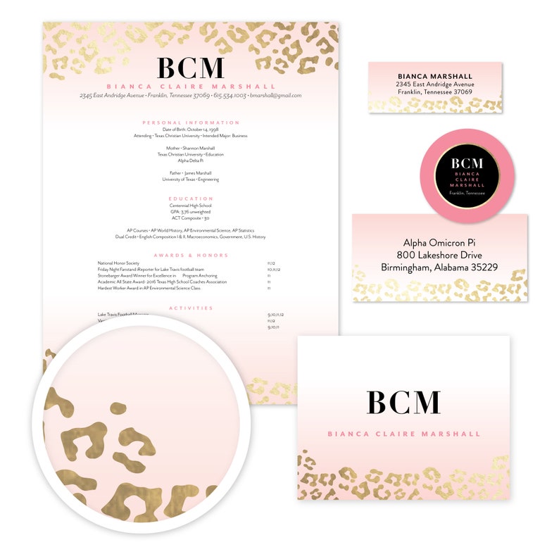 May include: A pink and gold resume template with a leopard print design. The resume includes the name Bianca Claire Marshall, contact information, education, awards and honors, and activities. The template also includes a business card with the name Bianca Marshall and contact information.