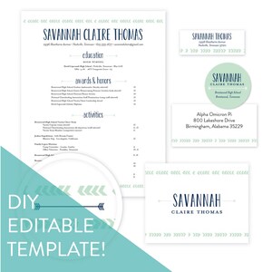May include: A DIY editable template featuring the name "Savannah Claire Thomas" in navy blue. The template includes a resume, business cards, and address labels. The design incorporates a light blue arrow pattern.