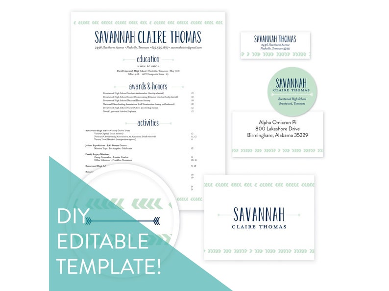 May include: A DIY editable template featuring the name "Savannah Claire Thomas" in navy blue. The template includes a resume, business cards, and address labels. The design incorporates a light blue arrow pattern.