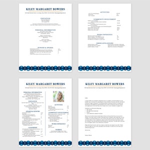 May include: A blue and white resume template with a border of blue and white geometric shapes. The resume is for Kiley Margaret Bowers and includes information about her education, work experience, awards, and honours. The resume also includes a photo of Kiley.
