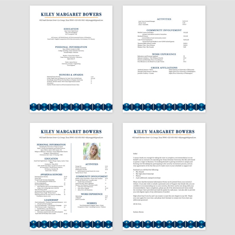 May include: A blue and white resume template with a border of blue and white geometric shapes. The resume is for Kiley Margaret Bowers and includes information about her education, work experience, awards, and honours. The resume also includes a photo of Kiley.
