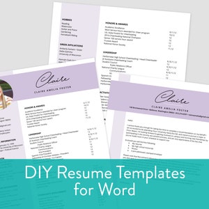 May include: A purple and white resume template for Microsoft Word. The template features a photo of a woman, contact information, a list of hobbies, honours and awards, leadership roles, and activities. The text "DIY Resume Templates for Word" is displayed in a teal box at the bottom of the image.