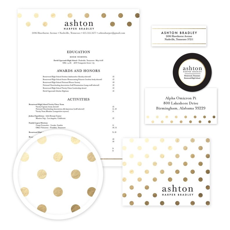 May include: A white resume with gold polka dots, featuring the name Ashton Harper Bradley, contact information, education, awards and honors, activities, and a black and white logo with the name Ashton Harper Bradley. The resume also includes a black and white address card with the name Ashton Harper Bradley and the address 2496 Hawthorne Avenue, Nashville, Tennessee 37211. The resume also includes a black and white address card with the name Alpha Omicron Pi and the address 800 Lakeshore Drive, Birmingham, Alabama 35229.
