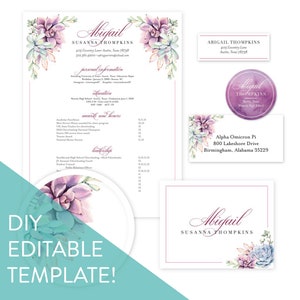 May include: A printable template for a graduation announcement with a watercolor succulent design. The template includes a card with the graduate's name, address, and personal information, a card with the graduate's sorority information, and a round card with the graduate's name and high school. The text on the template is editable.