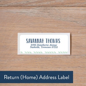 May include: A rectangular address label featuring the name "SAVANNAH THOMAS" in navy blue, and an address in Nashville, Tennessee. The label has a white background with a light green chevron pattern at the bottom. The words "Return (Home) Address Label" are at the bottom.