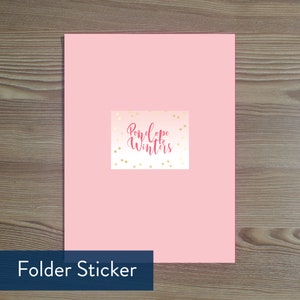 May include: Pink folder sticker with gold confetti and the text "Paloma Winters" in pink.