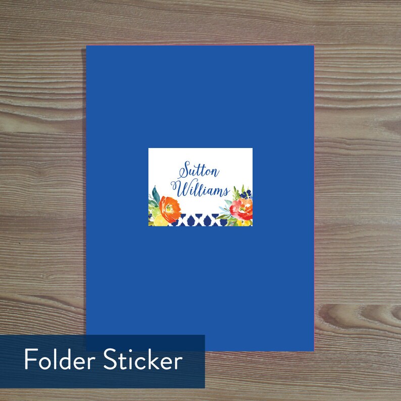 May include: A blue folder sticker with a white label that says "Sutton Williams" and a floral design with orange, yellow, and blue flowers.