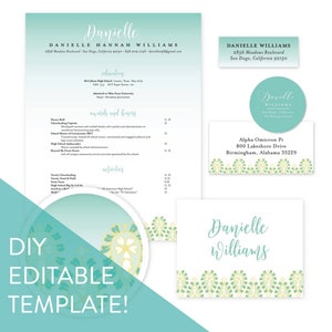 May include: A printable, customizable template for a graduation announcement. The template features a teal and yellow color scheme with a floral design. The text "Danielle Williams" is included in the template.
