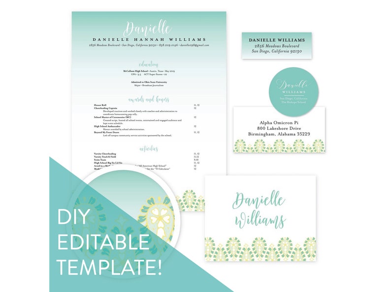 May include: A printable, customizable template for a graduation announcement. The template features a teal and yellow color scheme with a floral design. The text "Danielle Williams" is included in the template.
