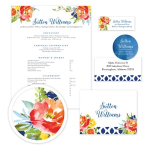May include: A resume template with a floral design. The resume includes the name Sutton Williams, contact information, education, personal information, honors and awards, leadership, and a floral design. The resume is in a white background with blue and red floral accents.