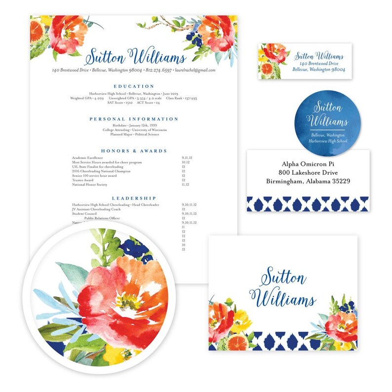 May include: A resume template with a floral design. The resume includes the name Sutton Williams, contact information, education, personal information, honors and awards, leadership, and a floral design. The resume is in a white background with blue and red floral accents.